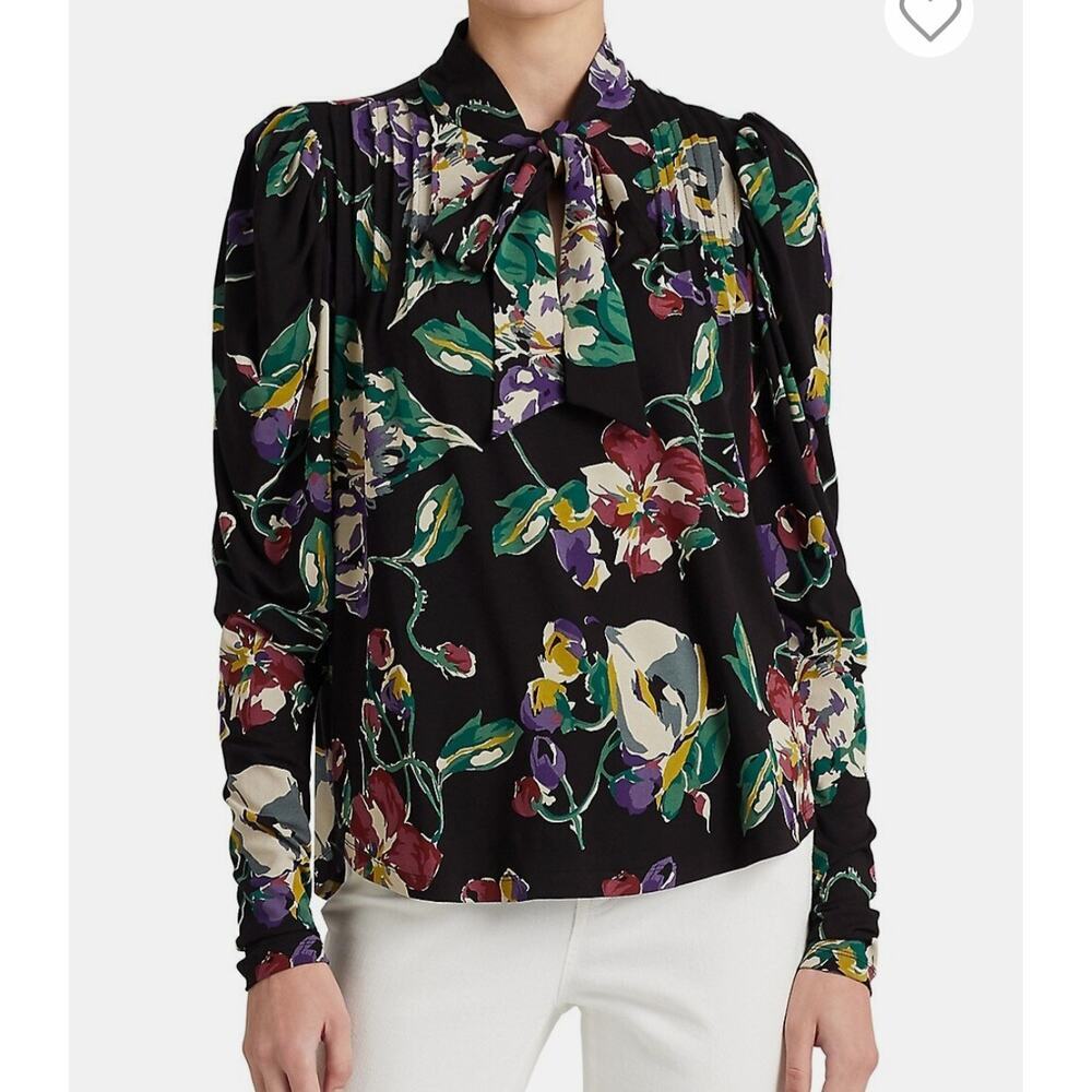 Lauren Ralph Lauren Black Floral Print Jersey Tie Neck Blouse Long Puff Sleeve M